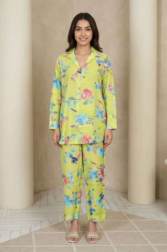 Lime Green Floral Printed Straight Shirt with Pants Co-ord Set — XS