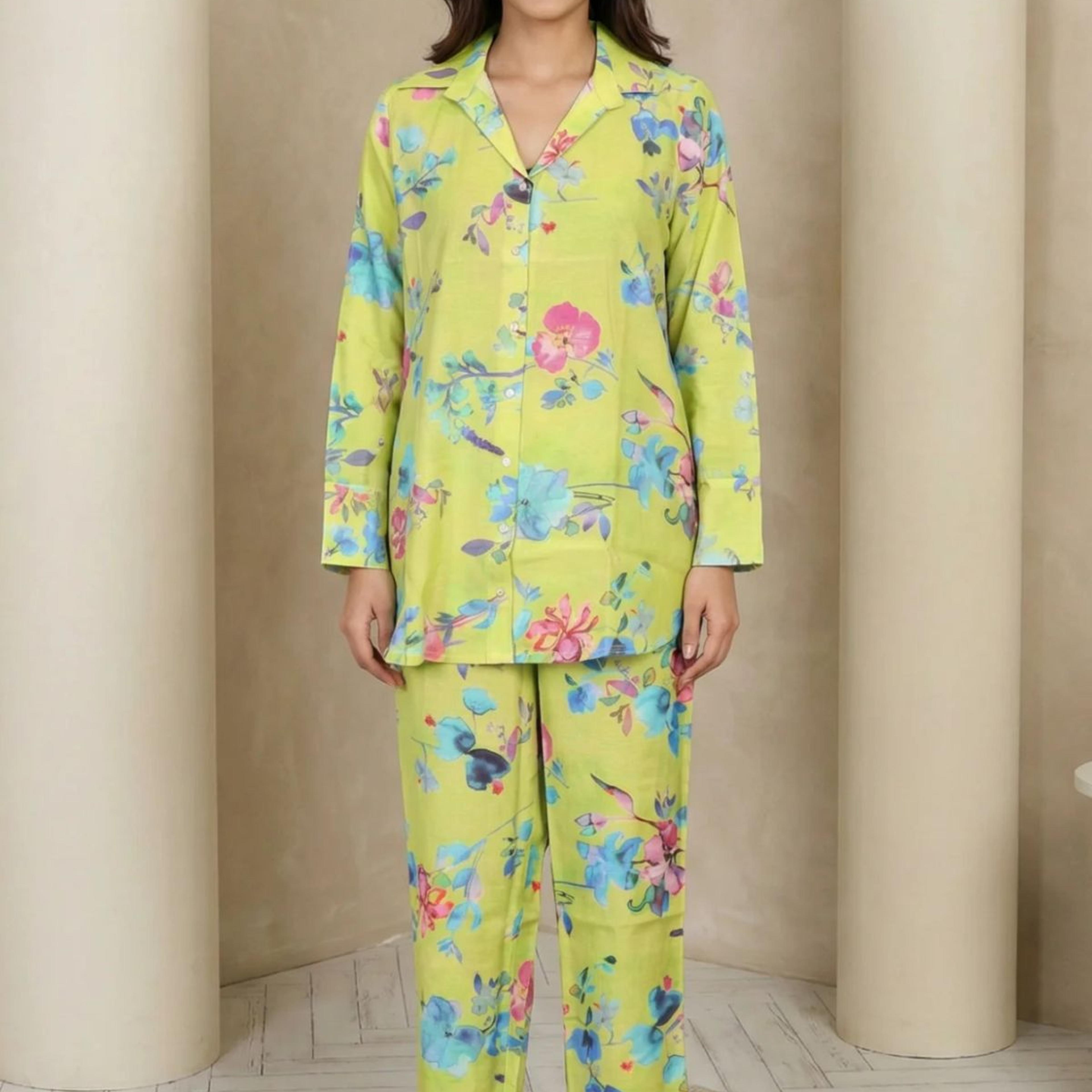 Lime Green Floral Printed Straight Shirt with Pants Co-ord Set