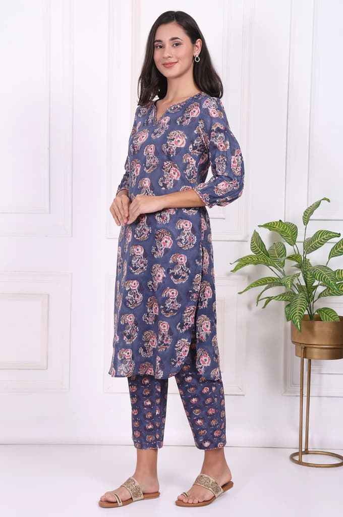 Blue Floral Printed Pure Cotton Straight Kurta, Pants and Dupatta Set — photo 4