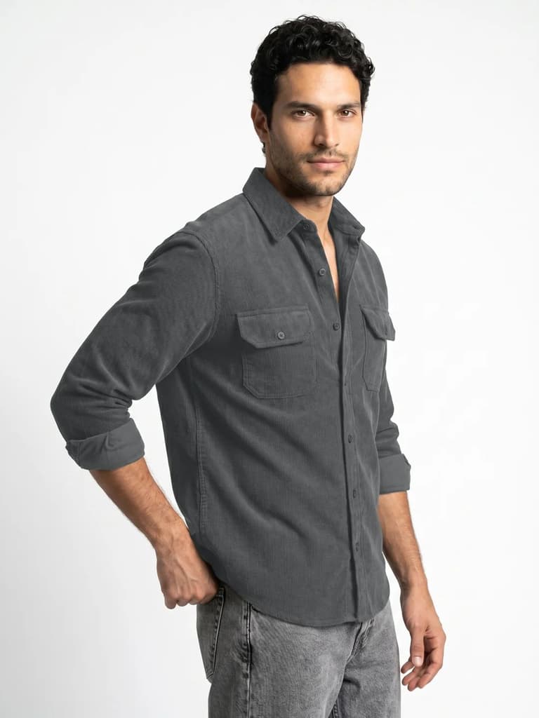 Men's Grey Corduroy Full Sleeve Regular Fit Solid Overshirt with Utility Pockets — photo 2