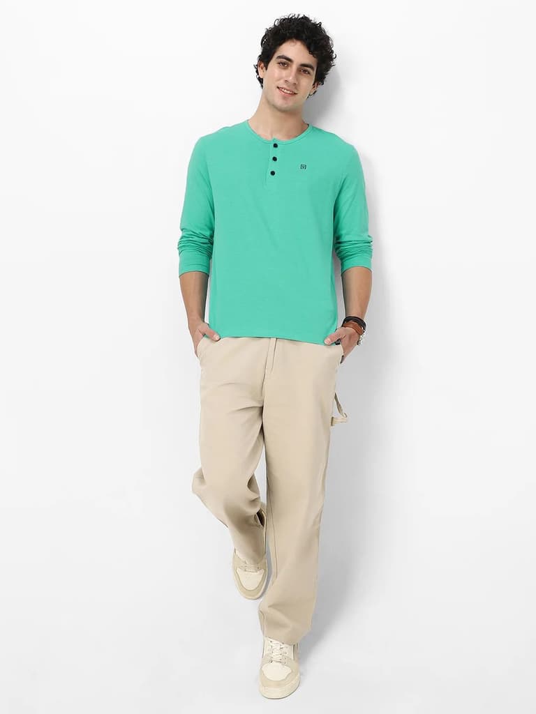 Men's Teal Green Solid Henley Neck Slim Fit Full Sleeve Cotton T-Shirt — photo 4
