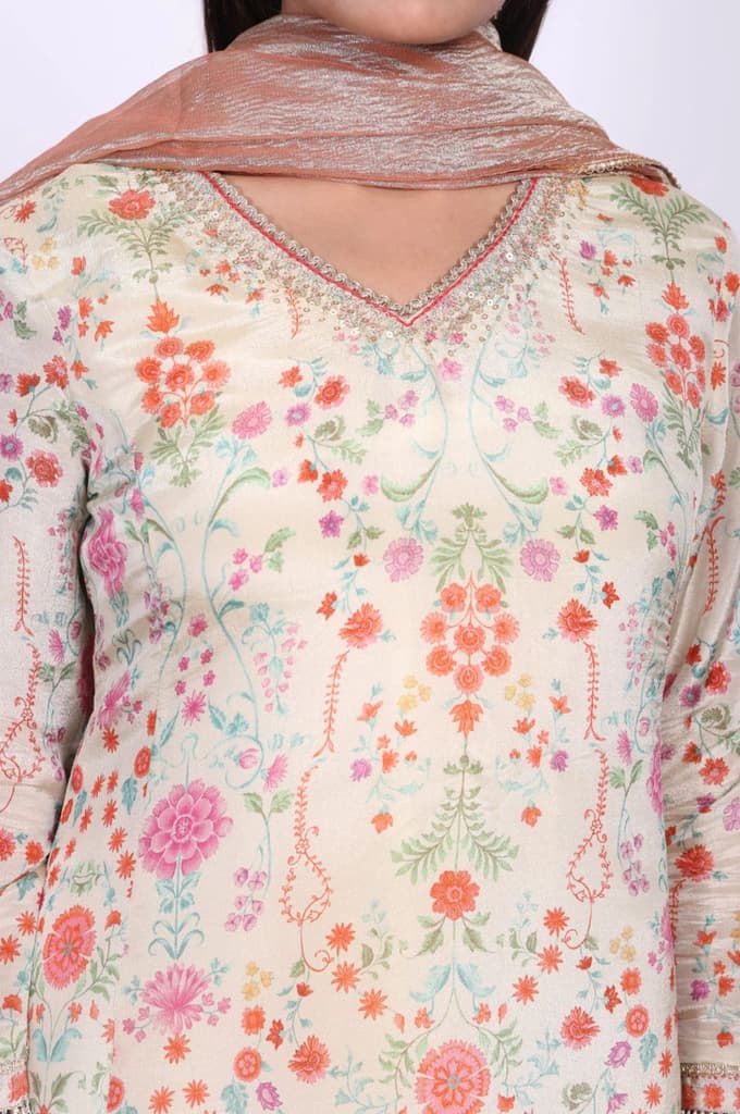 Cream Floral Printed Tissue A-Line Kurta with Straight Pant and Dupatta Set — photo 2