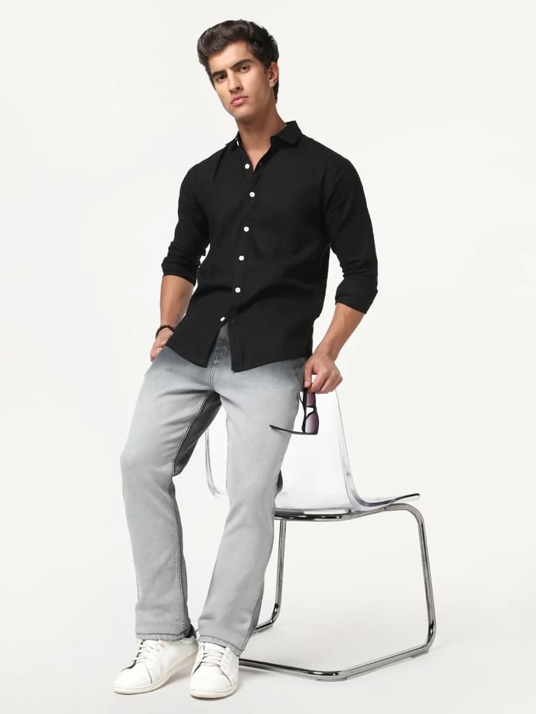 Men's Dark Grey Straight Fit Heavy Washed Faded Denim Jeans Stretchable — photo 5