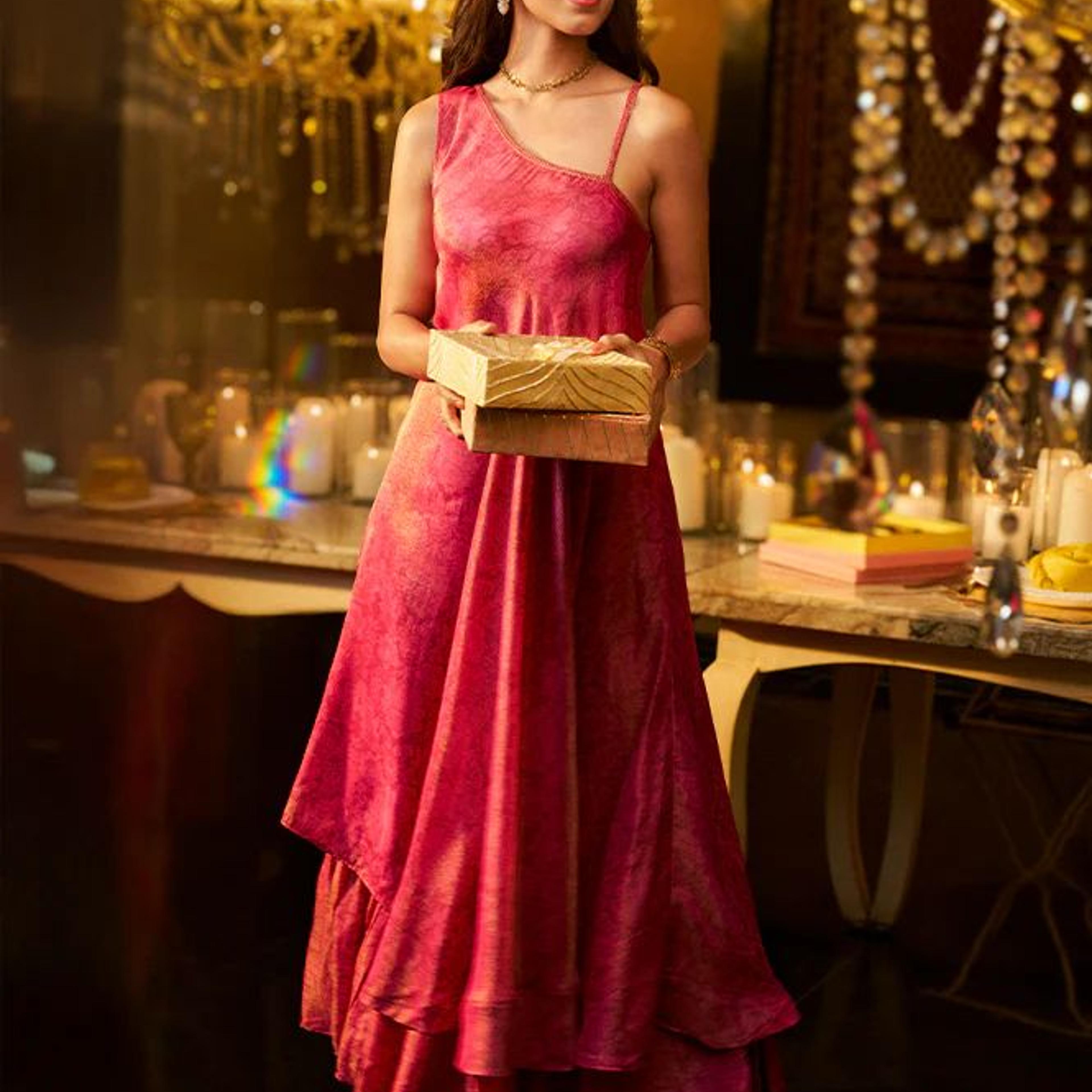 Pink Sequined A-Line Tissue Dress