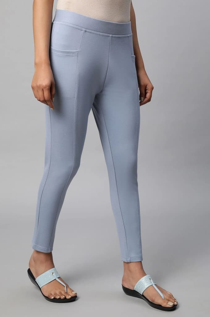 Light Blue Solid Skinny Fit Yoga Tights With Side Pockets — photo 4