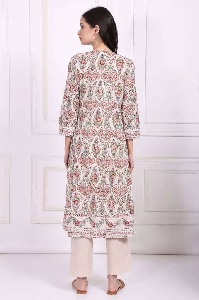 Off-White Floral Printed Pure Cotton Straight Kurta — photo 5