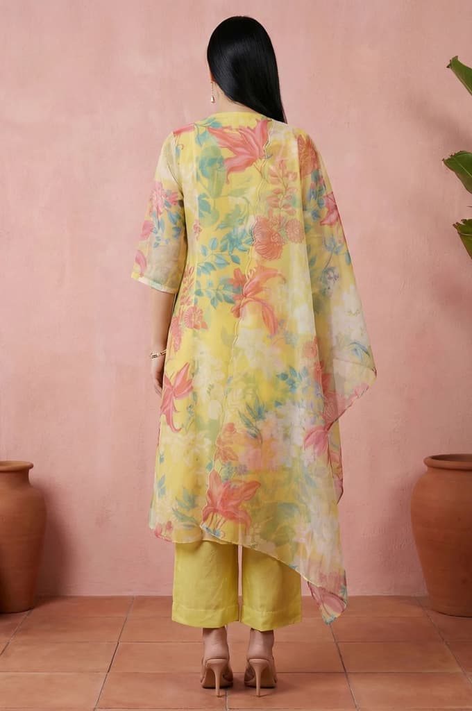 Yellow Floral Printed Organza Straight Kurta with Pants and Dupatta Set — photo 4