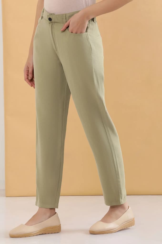Green Solid Straight Fit Woven Pants With Belt Loops — photo 3