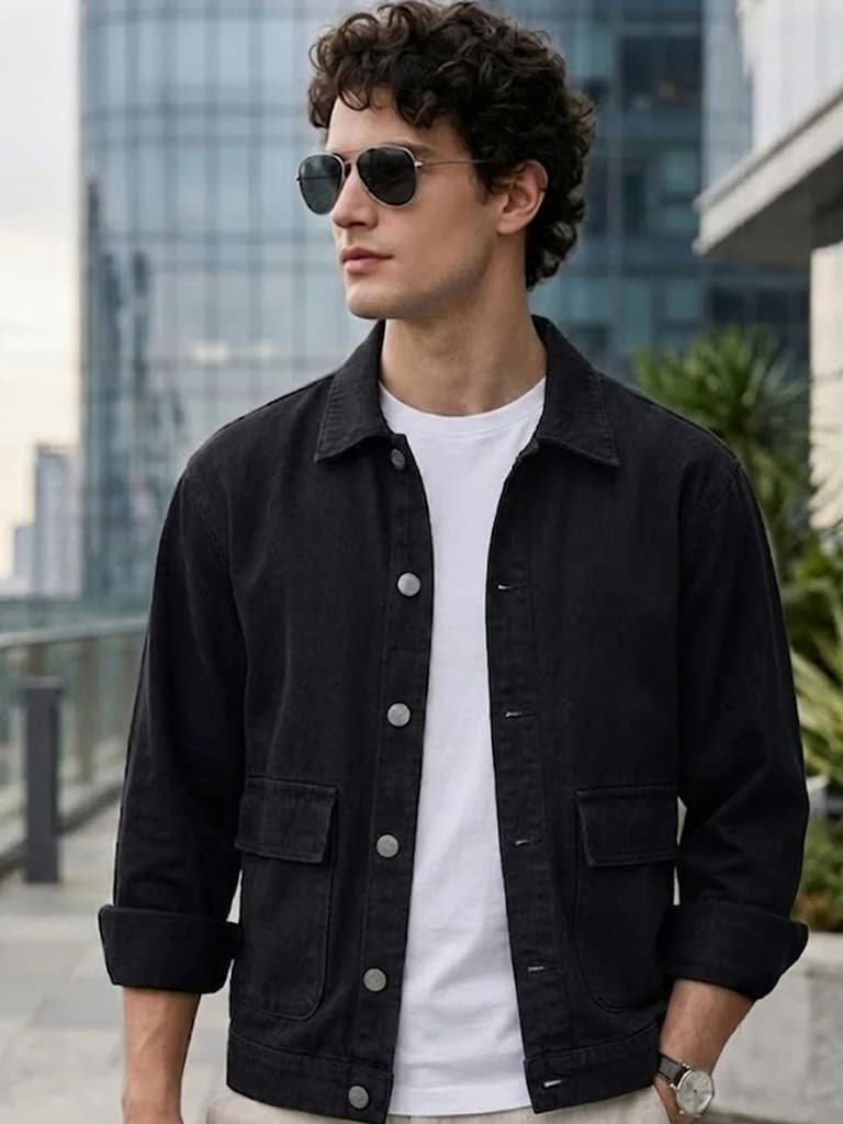Men's Black Relaxed Fit Full Sleeve Utility Denim Jacket — S / Black