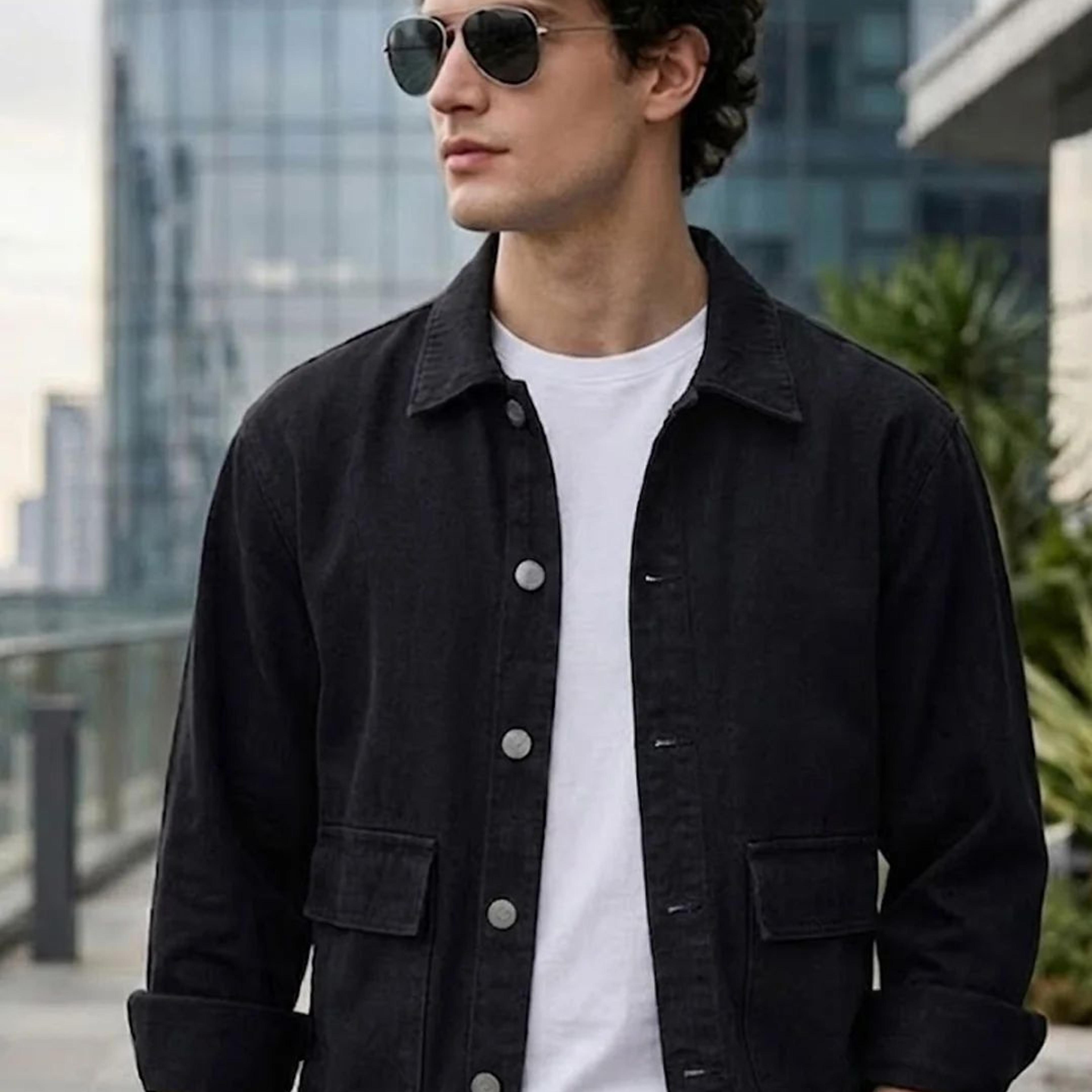 Men's Black Relaxed Fit Full Sleeve Utility Denim Jacket