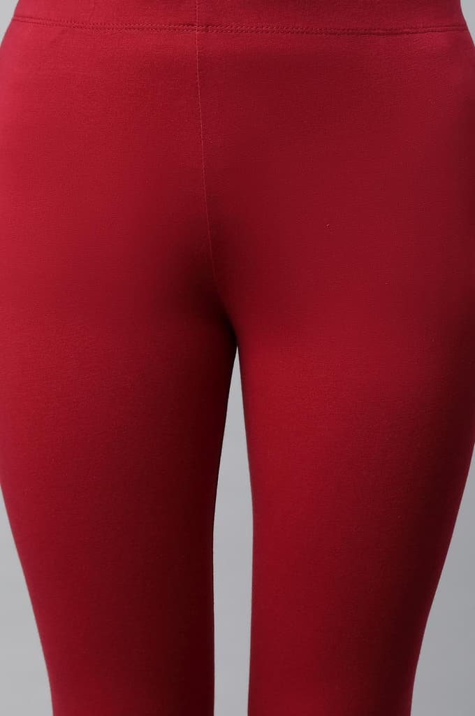 Red Solid Skinny Fit Cotton Tights With Slip On Closure — photo 6