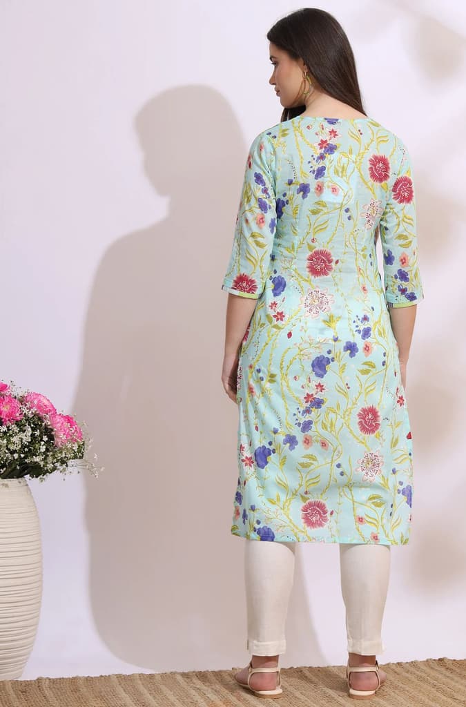 Light Blue Floral Printed Pure Cotton Straight Kurta — photo 6