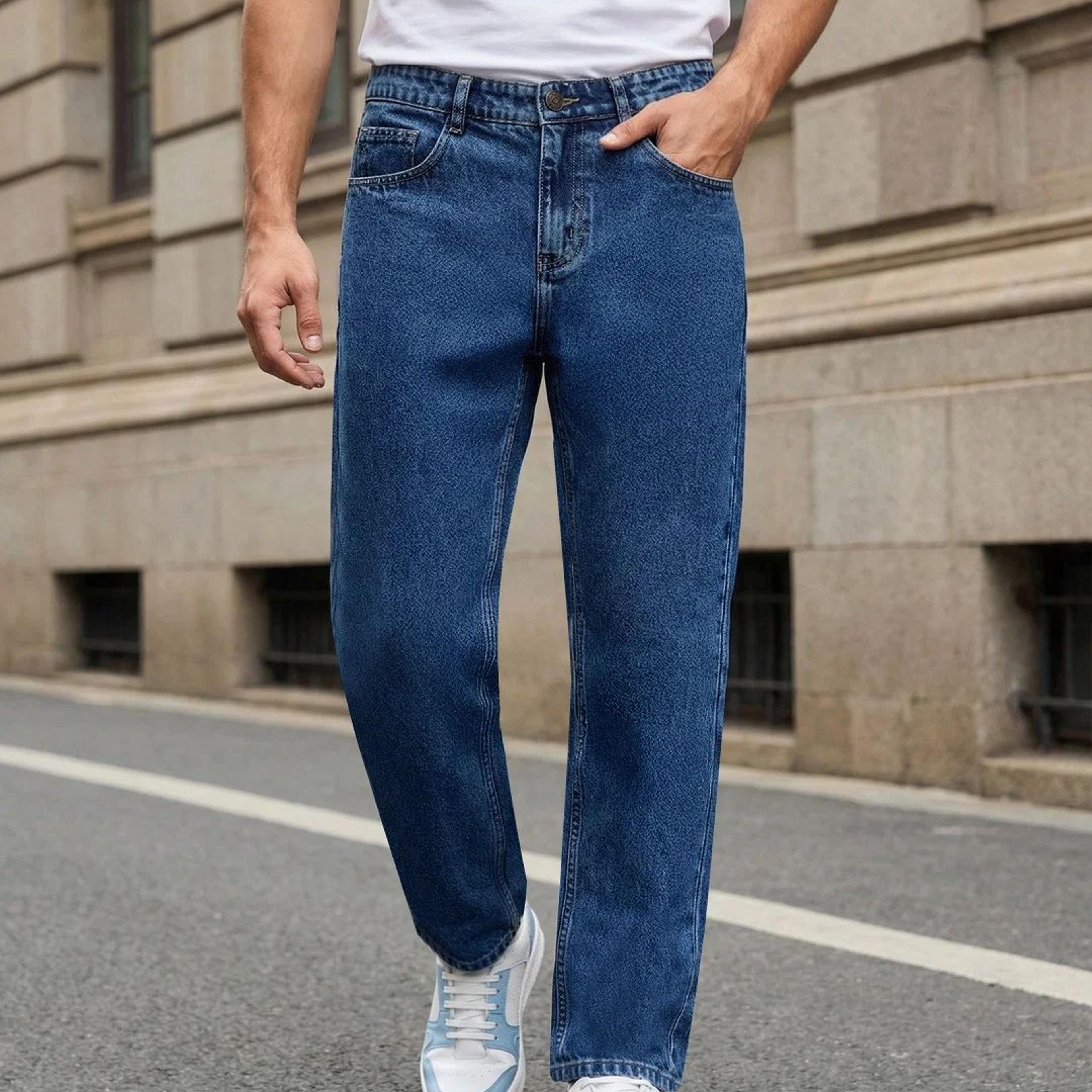 Men's Blue Relaxed Fit Washed Denim Jeans Non-Stretchable