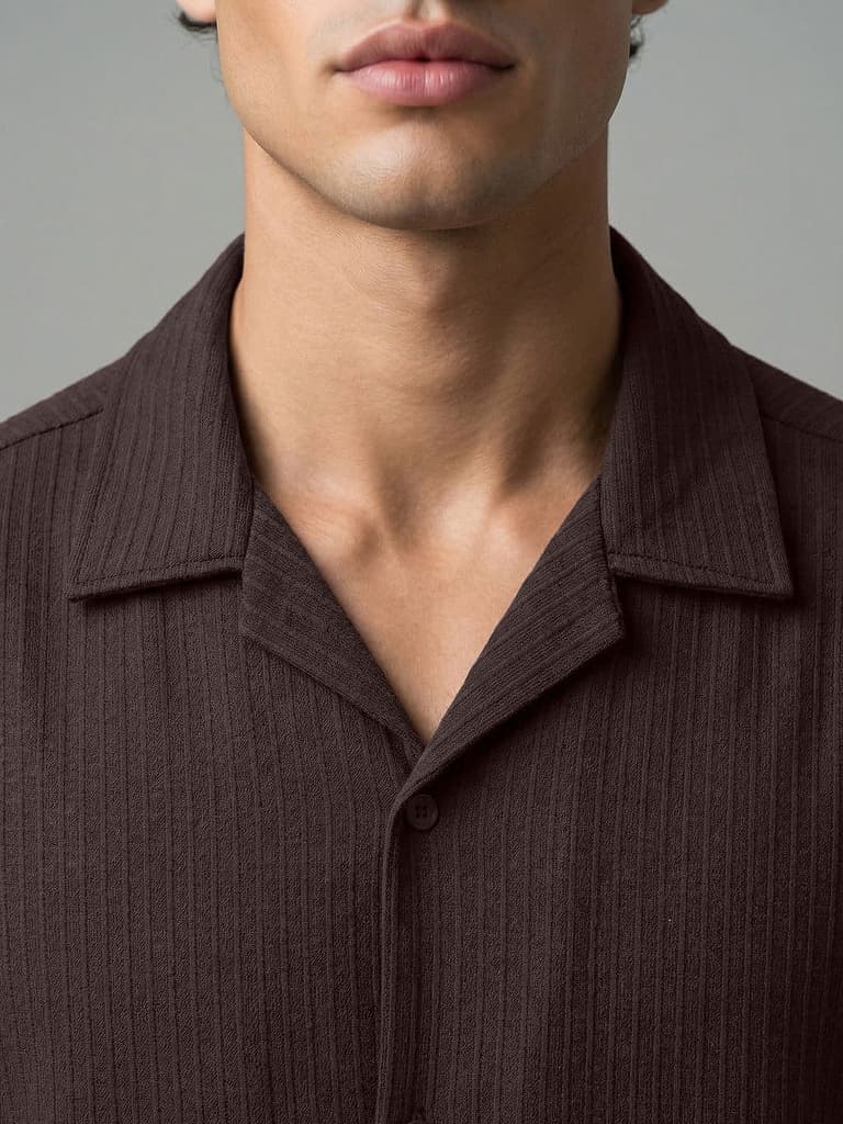 Men's Brown Cotton Half Sleeve Oversized Fit Textured Shirt with Cuban Collar — photo 5