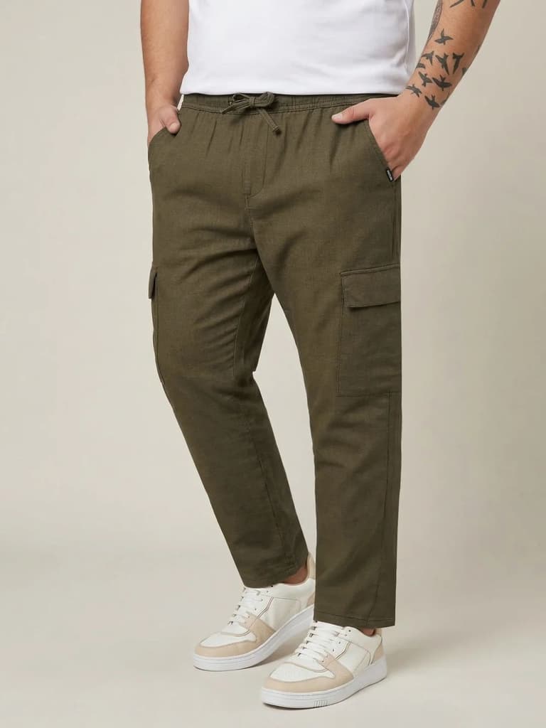 Plus Men's Olive Straight Fit Linen Cargo Pants with 6 Pockets — photo 2