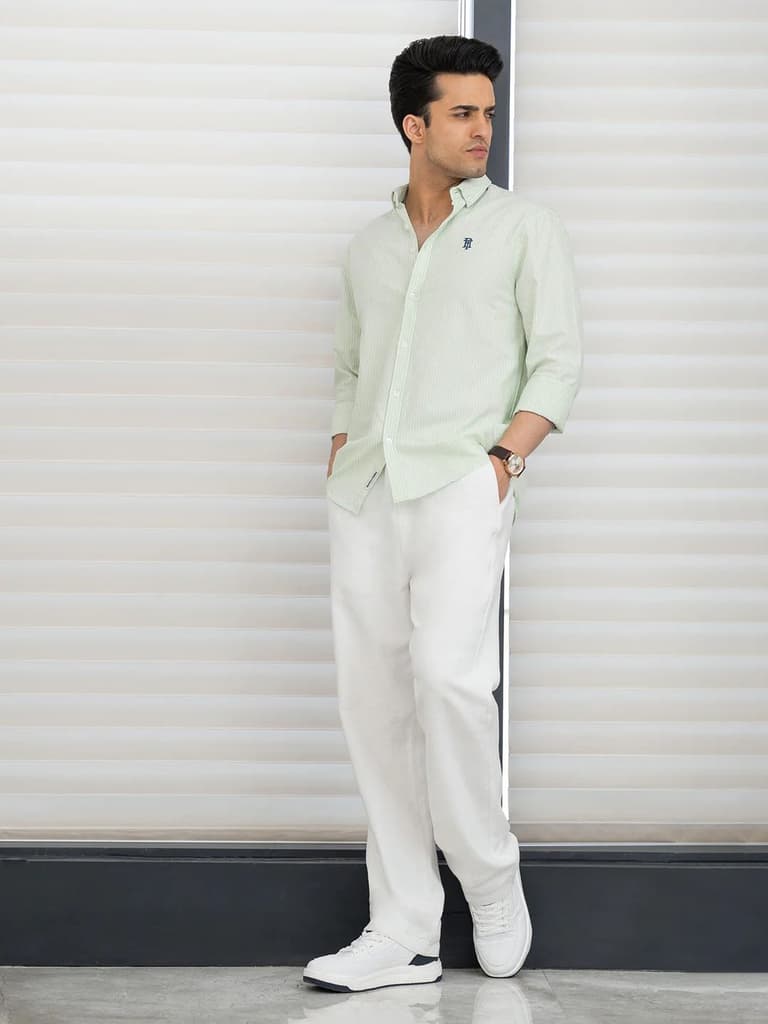 Shirts for Men in Light Green | Stripe Oxford Full Sleeve Shirt — photo 4