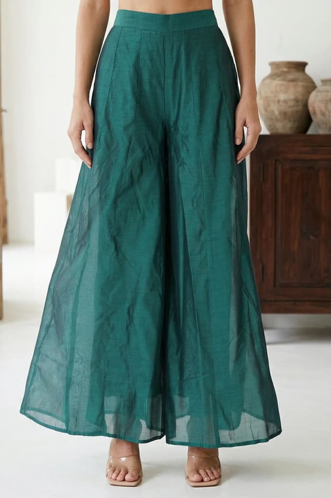 Green Solid Chanderi Wide Leg Flared Ankle Length Culottes