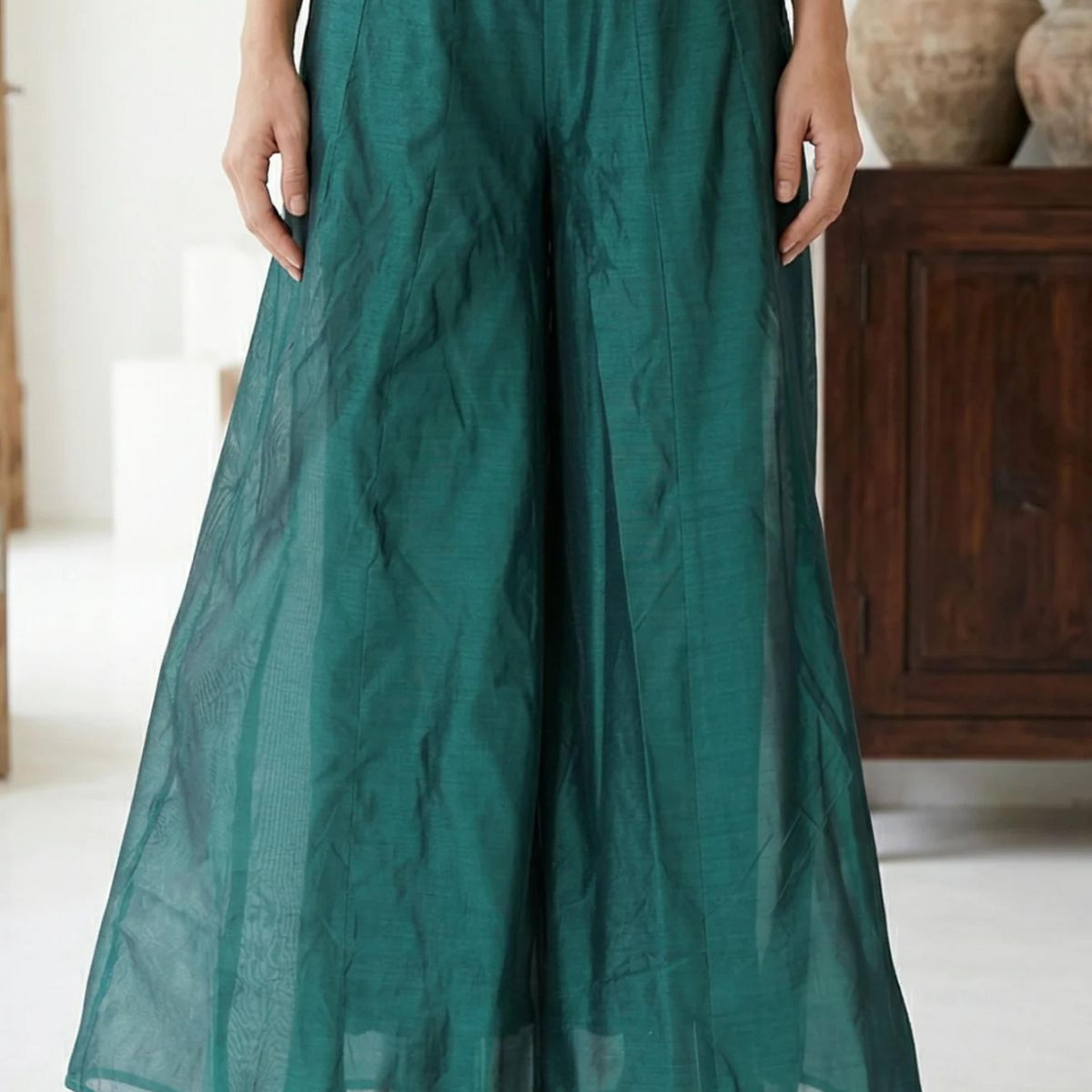 Green Solid Chanderi Wide Leg Flared Ankle Length Culottes