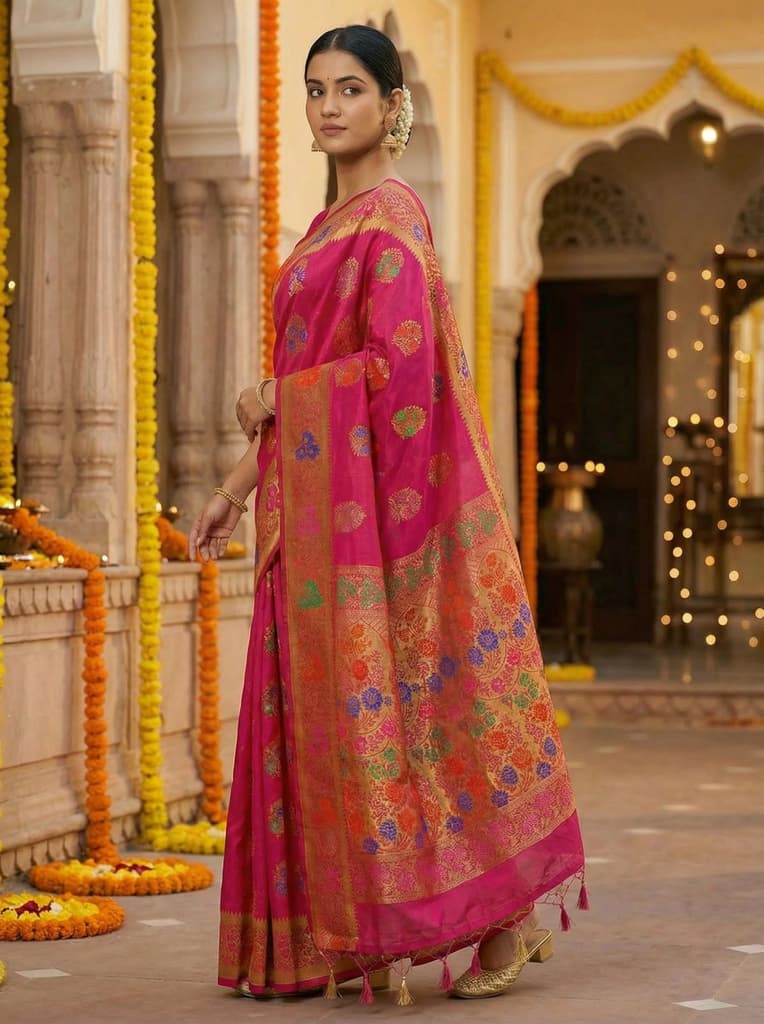 MIMOSA Women's Woven Design Paithani Style Art Silk Saree with Blouse Piece - Rani ( SA00003125RNFREE ) — photo 3