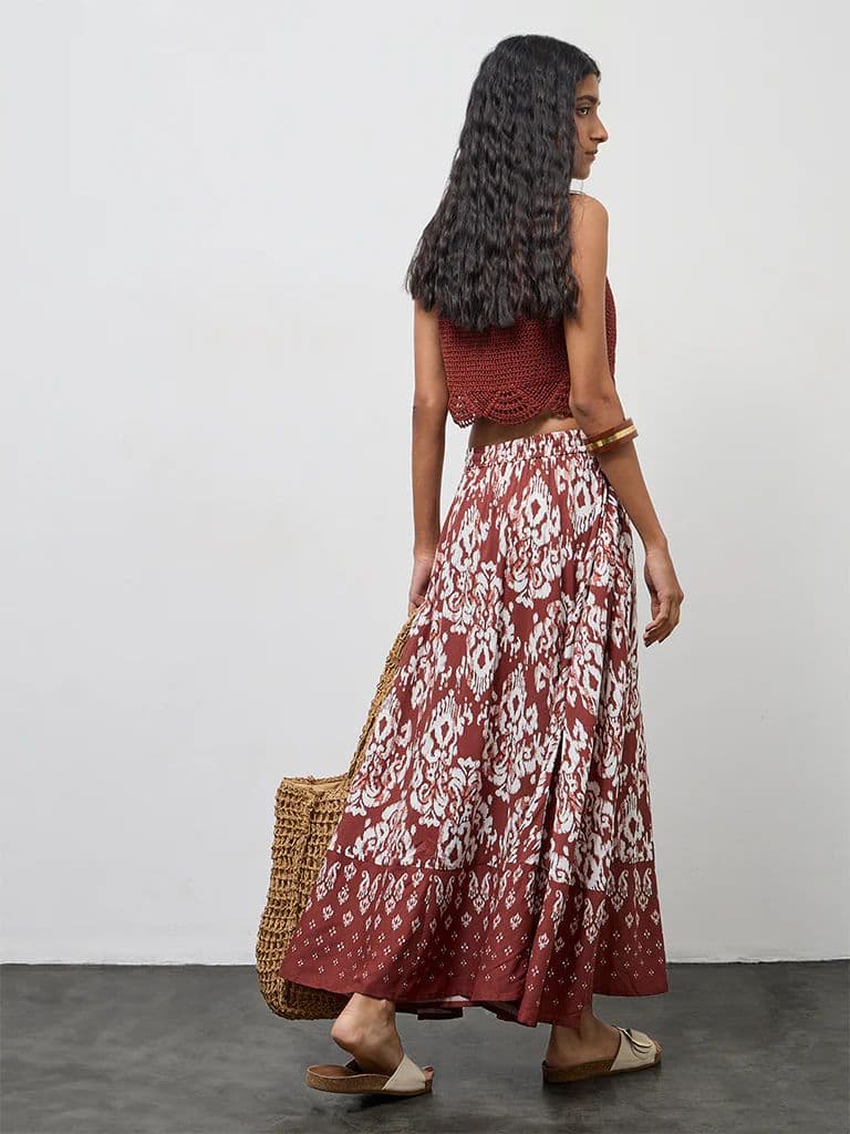 Bombay Paisley Rust Ikat Design High-Rise Cotton Skirt — photo 4