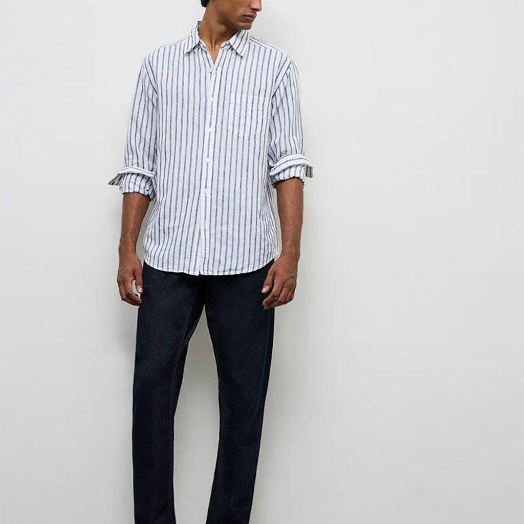 WES Casuals Blue Striped Relaxed-Fit Cotton-Blend Shirt