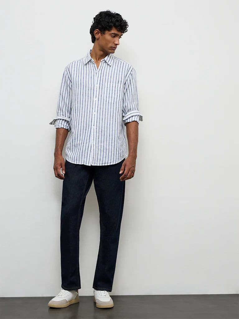 WES Casuals Blue Striped Relaxed-Fit Cotton-Blend Shirt