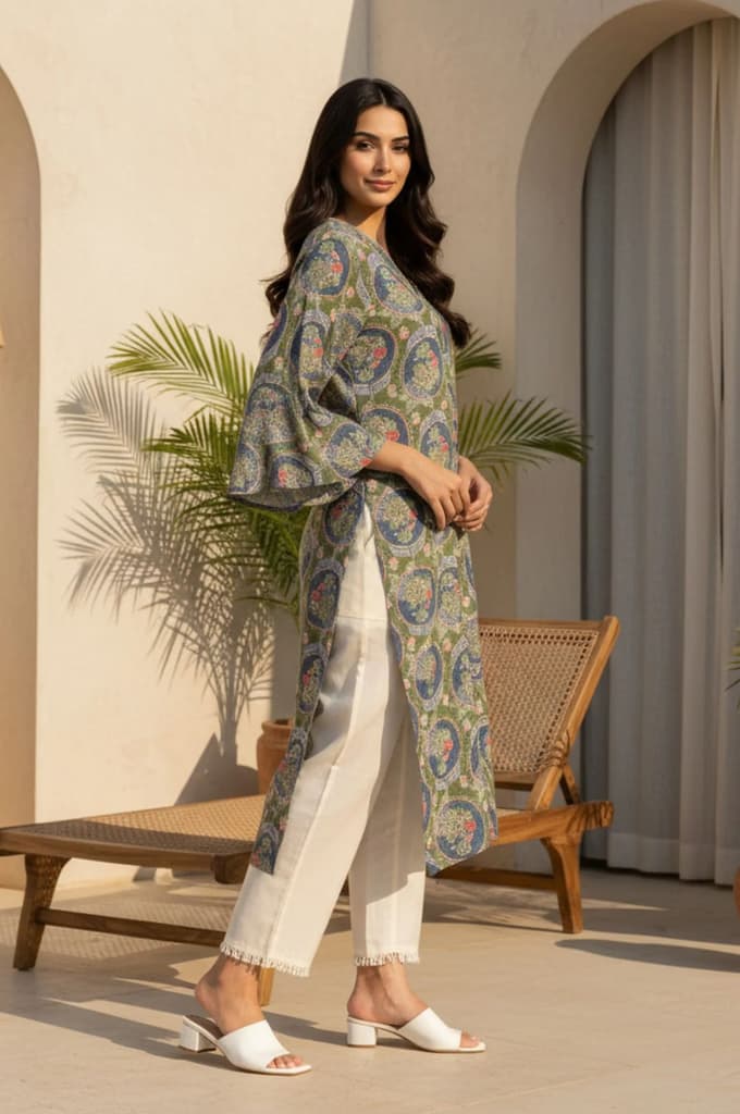 Green Floral Printed Modal Straight Kurta — photo 4
