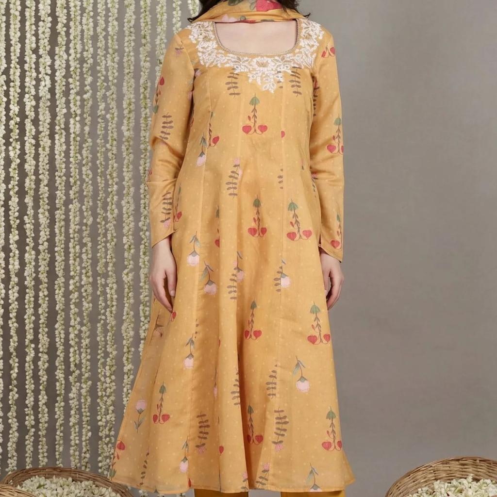Yellow Floral Printed Anarkali Kurta with Straight Pant and Dupatta Set