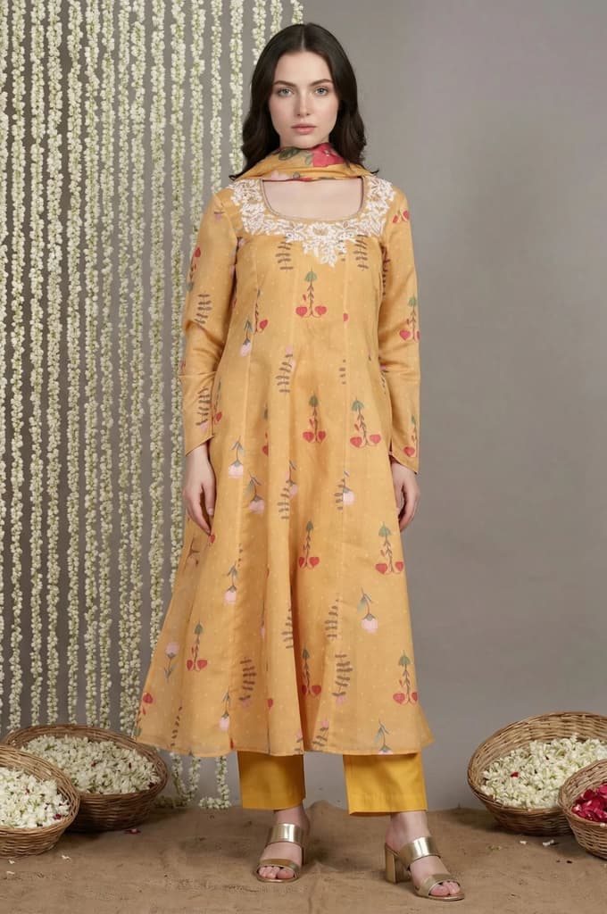 Yellow Floral Printed Anarkali Kurta with Straight Pant and Dupatta Set — XS