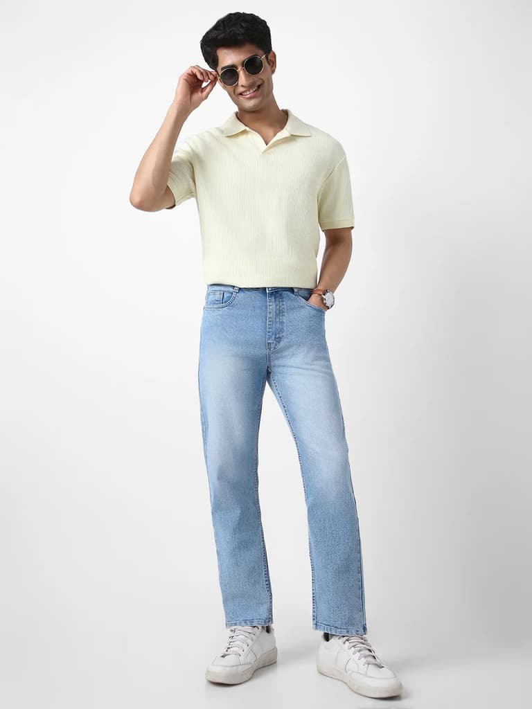 Men's Ice Blue Straight Fit Washed Jeans Stretchable — photo 4