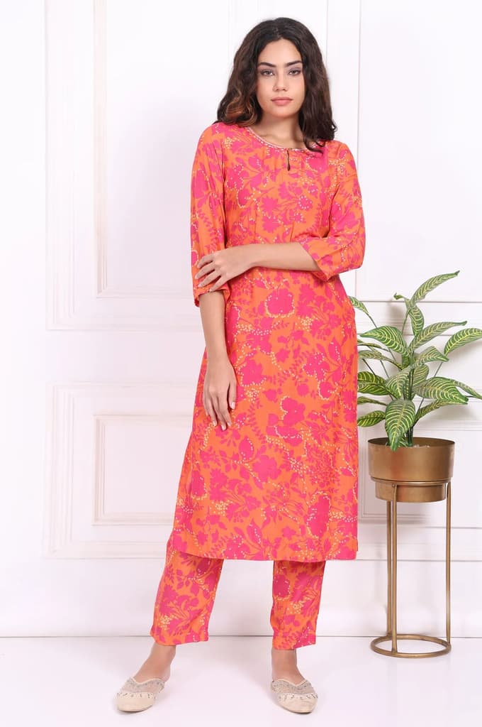 Orange Floral Printed Mirror work Modal Straight Kurta — photo 2