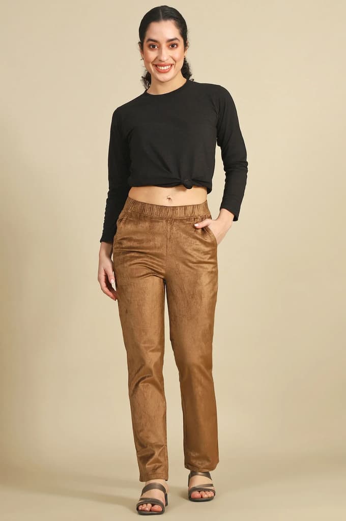 Gold Solid Straight Fit Cotton Pants