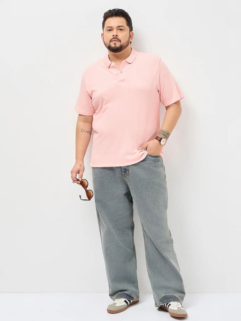 Plus Men's Dusty Pink Solid Regular Fit Half Sleeve Cotton Polo T-Shirt — photo 4