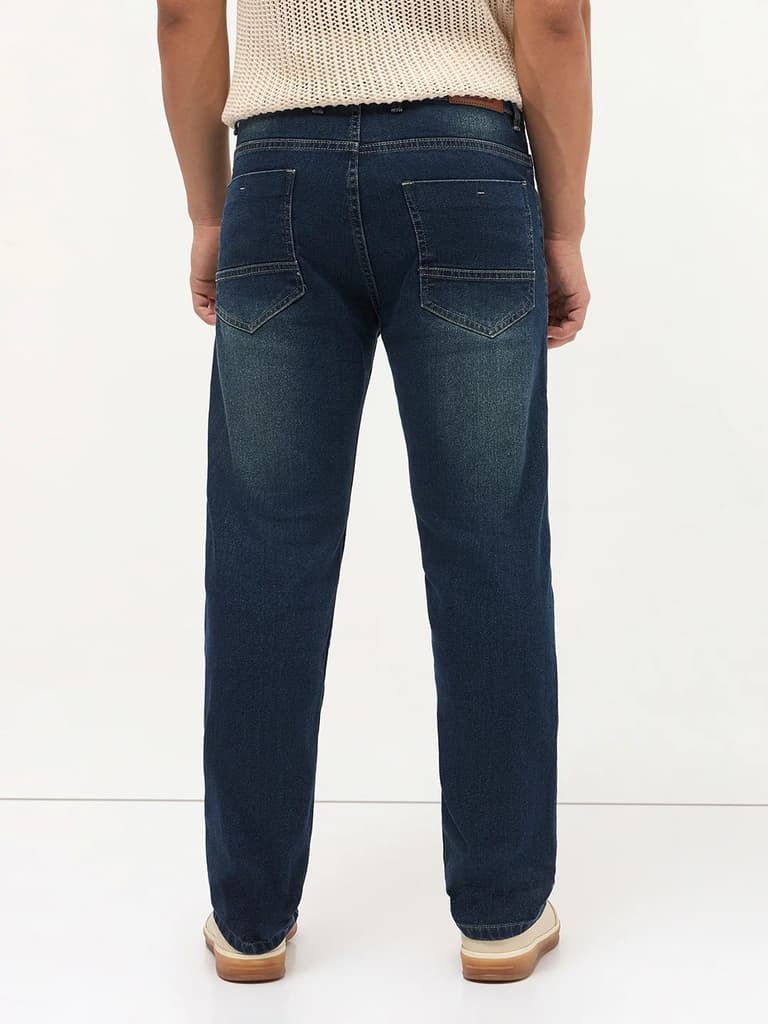 Men's Blue Regular Fit Whisker Wash Yellow Tint Denim Jeans Stretchable — photo 5