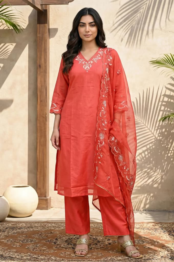 Red Embroidered Straight Kurta with Pants and Dupatta Set — XS