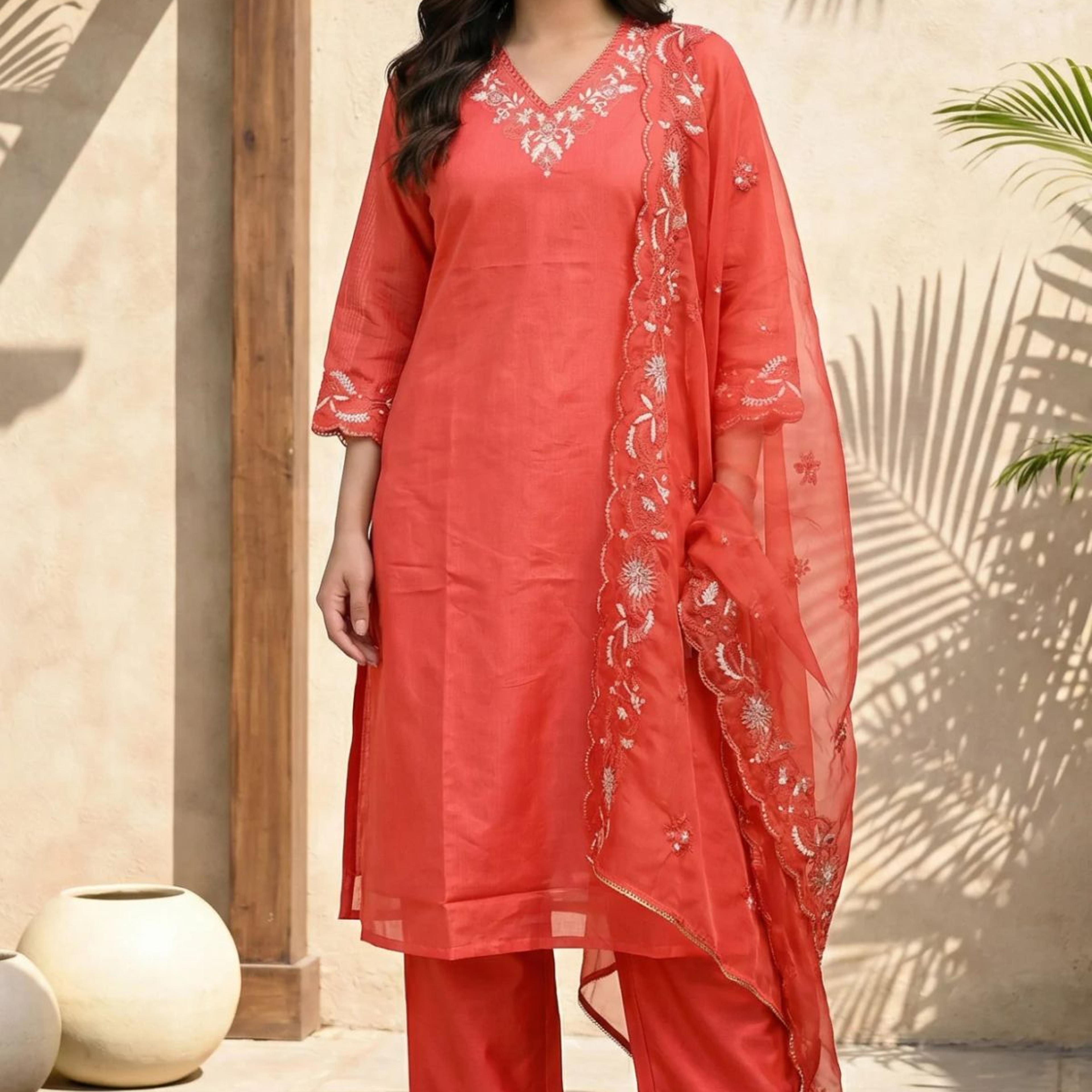 Red Embroidered Straight Kurta with Pants and Dupatta Set
