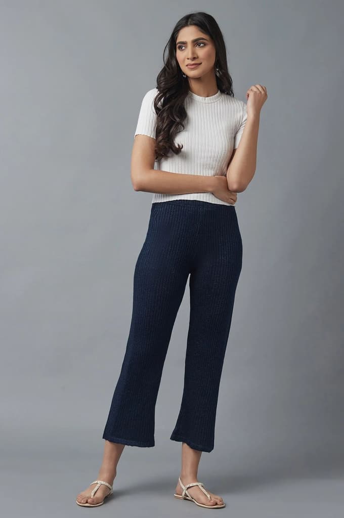 Navy Blue Solid Boot Cut Acrylic Palazzo With Elasticated Waist — photo 5