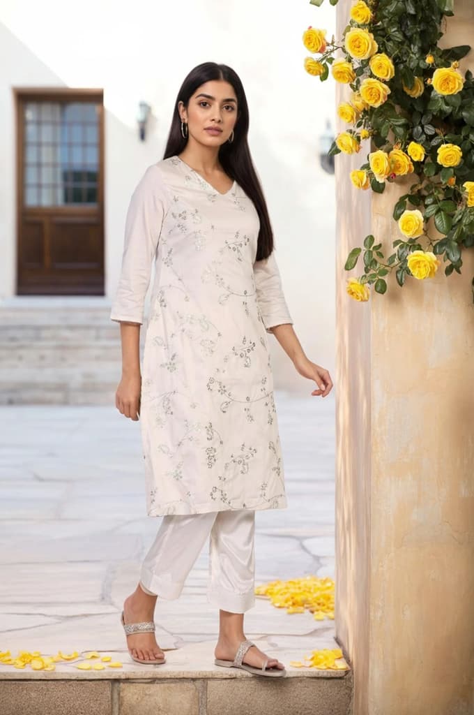 Off-White Embroidered Straight Viscose Kurta — photo 4