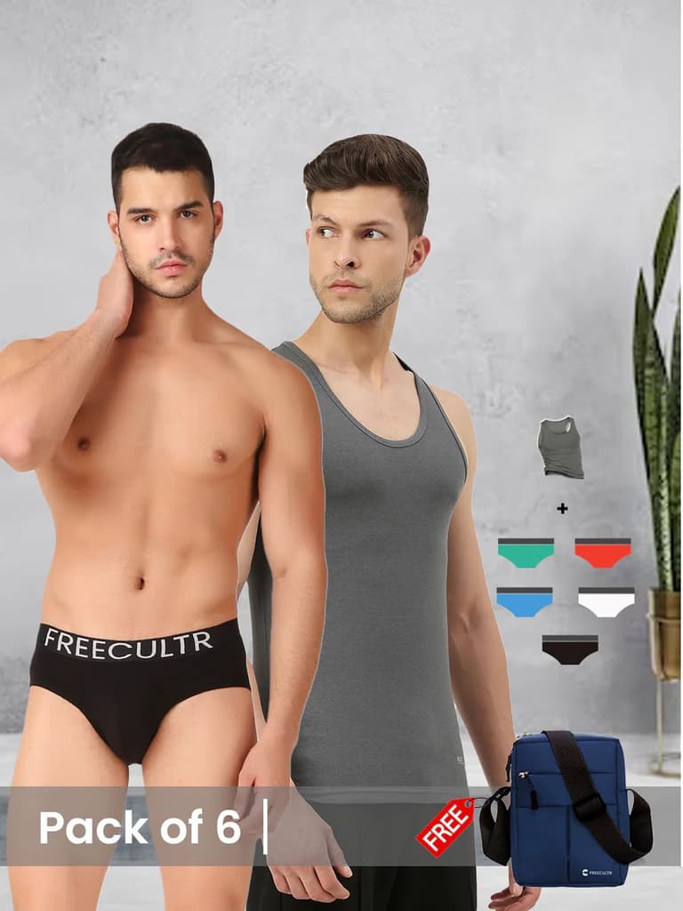 Men's Innerwear set (Pack of 6) with Free Sling Bag — Black Forest Green; Black; Brilliant Blue; Coral; Holly Green; White / S / S