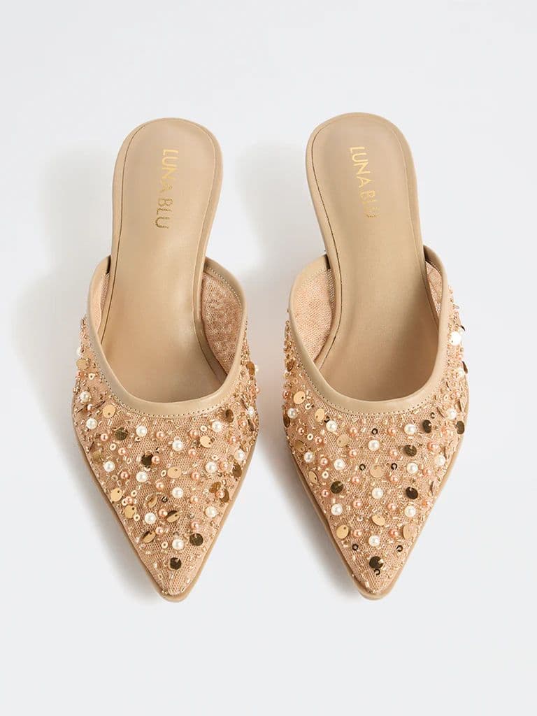 LUNA BLU Beige Embellished Kitten-Heel Mules — photo 3