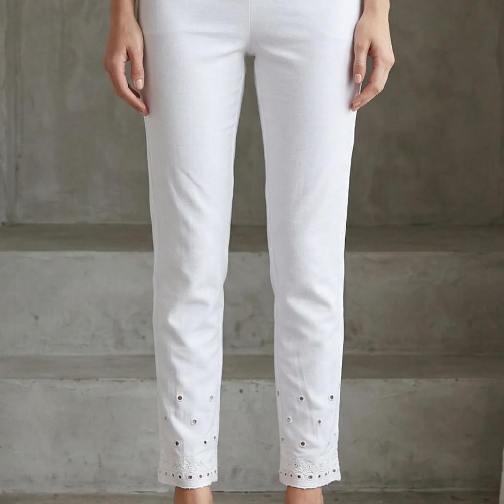 White Schiffily Embroidered Slim Fit Ankle Length Pants