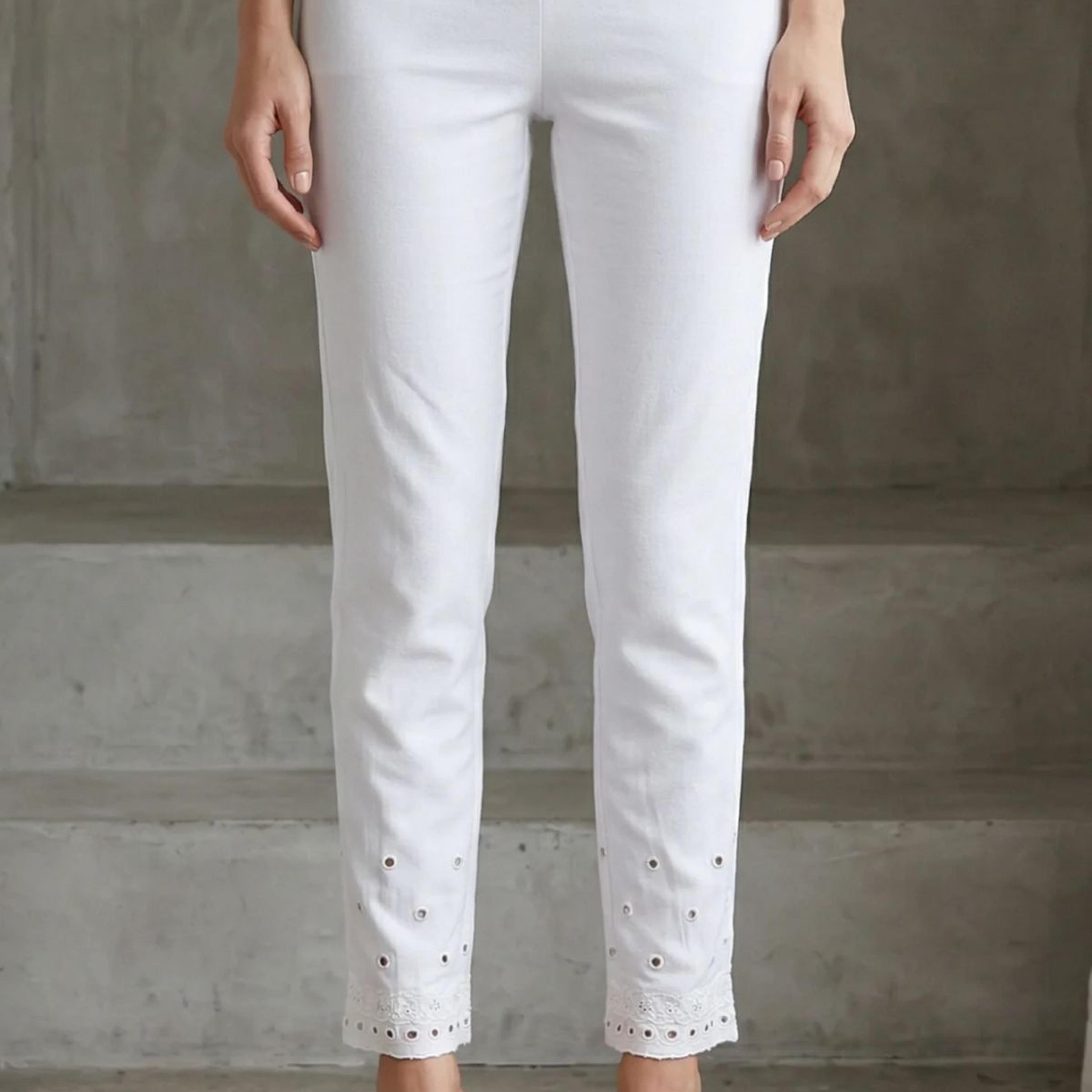 White Schiffily Embroidered Slim Fit Ankle Length Pants