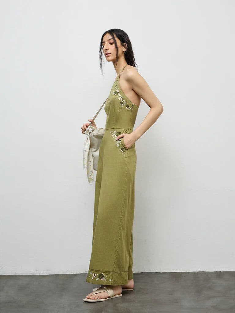 Bombay Paisley Green Embroidered Cotton-Blend Jumpsuit — photo 2