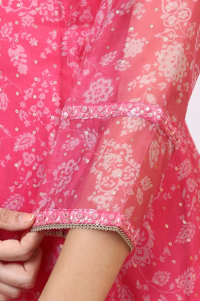 Pink Printed Organza A-line Kurta, Pants and Dupatta Set — photo 8