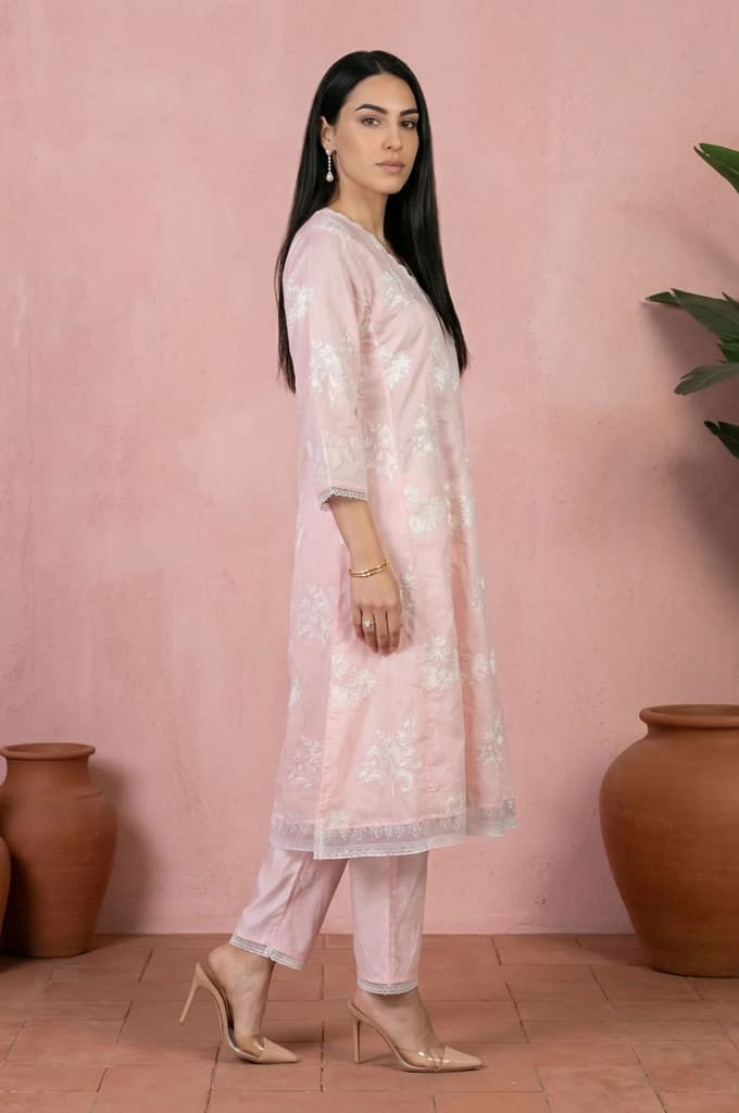 Pink Embroidered Floral Printed Chanderi Straight Kurta with Straight Pants Set — photo 6