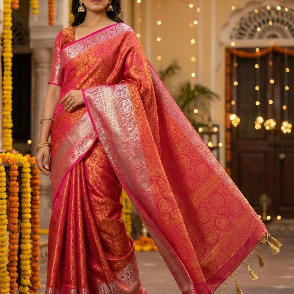 MIMOSA Women's Woven Design Banarasi Style Art Silk Saree with Blouse Piece - Rani ( SA00003133RNFREE )