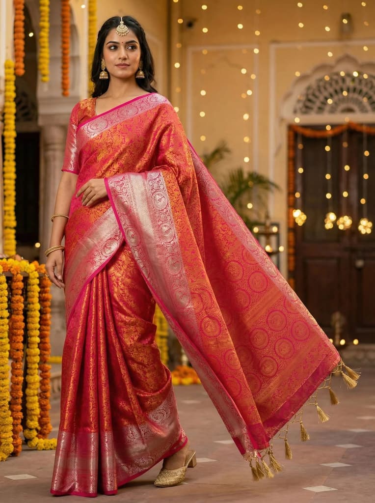 MIMOSA Women's Woven Design Banarasi Style Art Silk Saree with Blouse Piece - Rani ( SA00003133RNFREE ) — Default Title