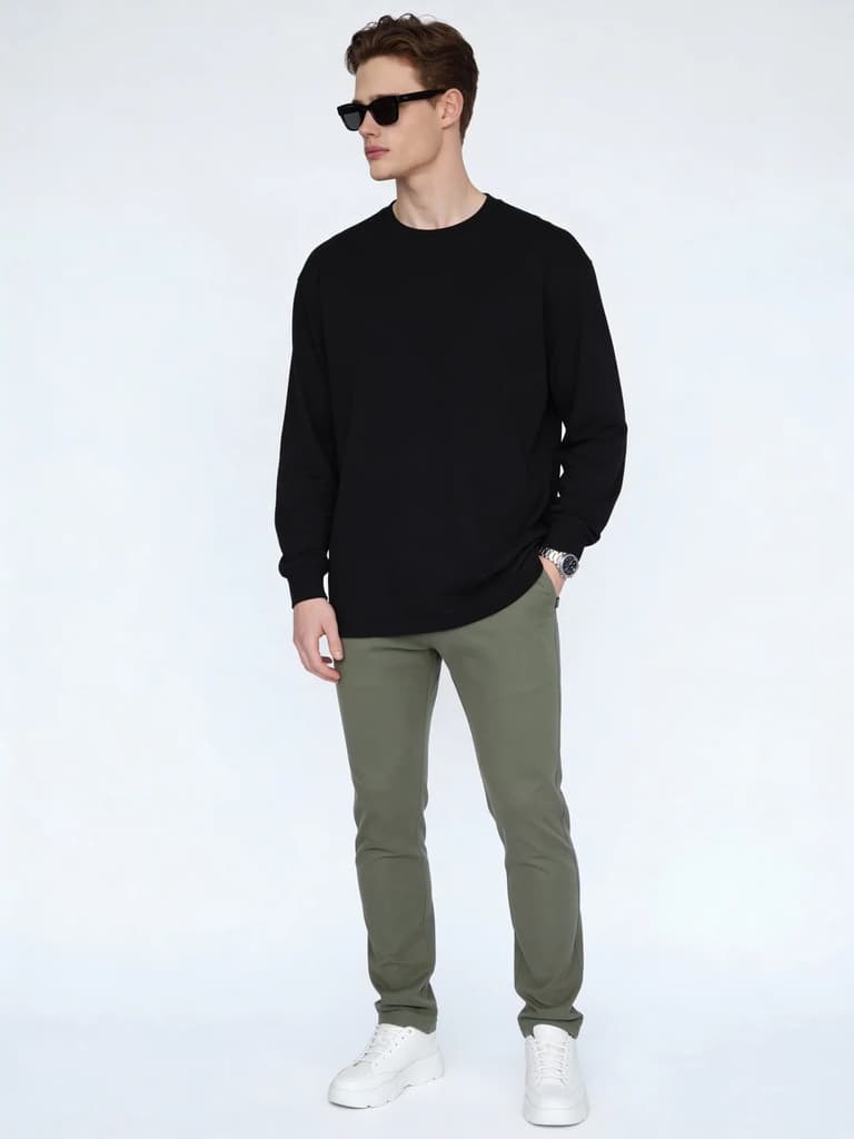 Men's Sage Green Straight Fit Mid Rise Cotton Casual Chinos Trousers Stretch — photo 4