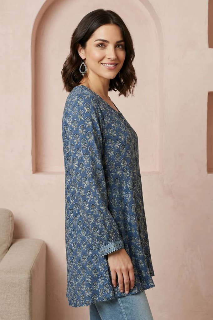 Blue Block Printed Modal Satin A-line Top — photo 6