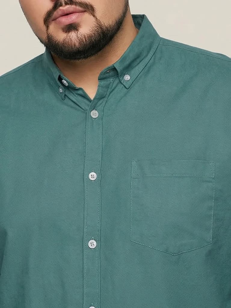 Plus Men's Teal Green Cotton Full Sleeve Regular Fit Solid Oxford Shirt With Button-Down Collar — photo 6